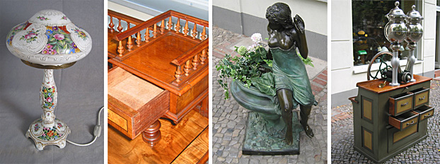 Porzellanleuchte, historische Möbel, Bronzefigur und alte Kaffeemühle